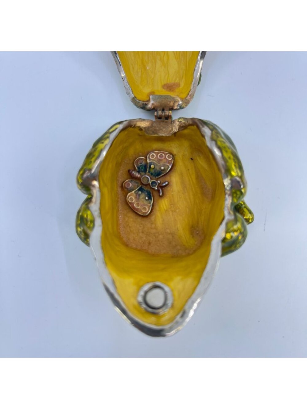 vintage enamel frog trinket box with hinged lid green & orange detailing - Picture 12 of 12